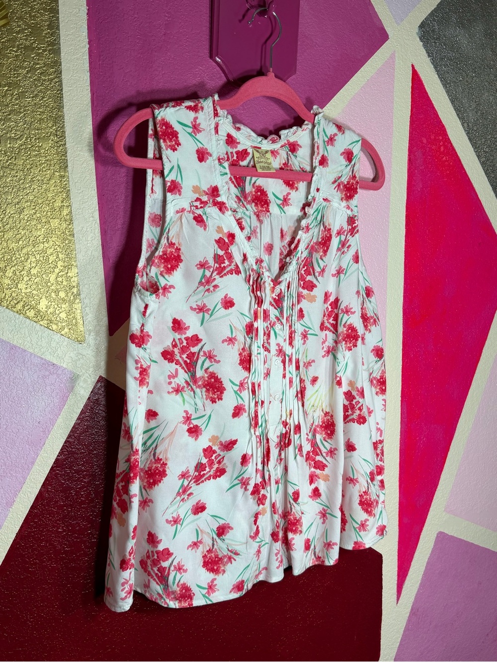 Faded Glory Pink Floral Sleeveless Pintuck Blouse Size L (12-14) - Picture 2 of 15